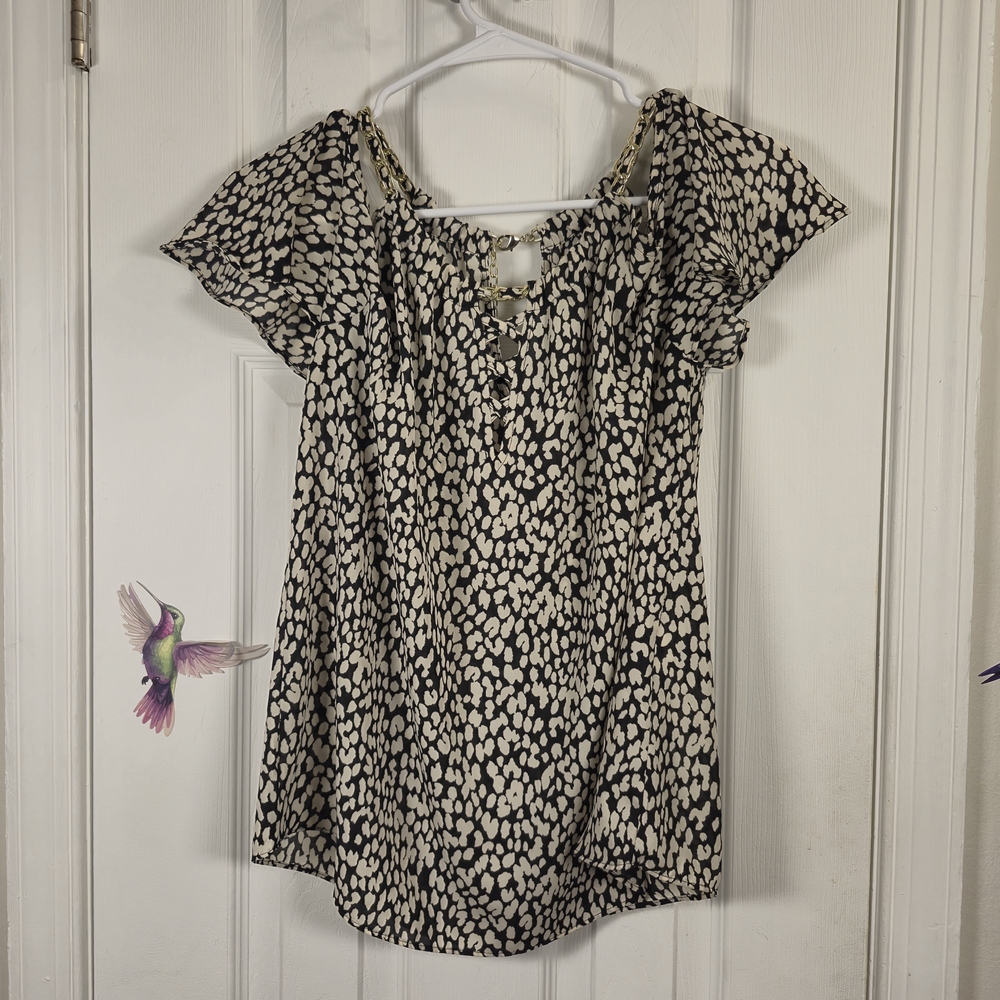INC International Concepts Leopard Print Ruffle Keyhole Peasant Blouse S